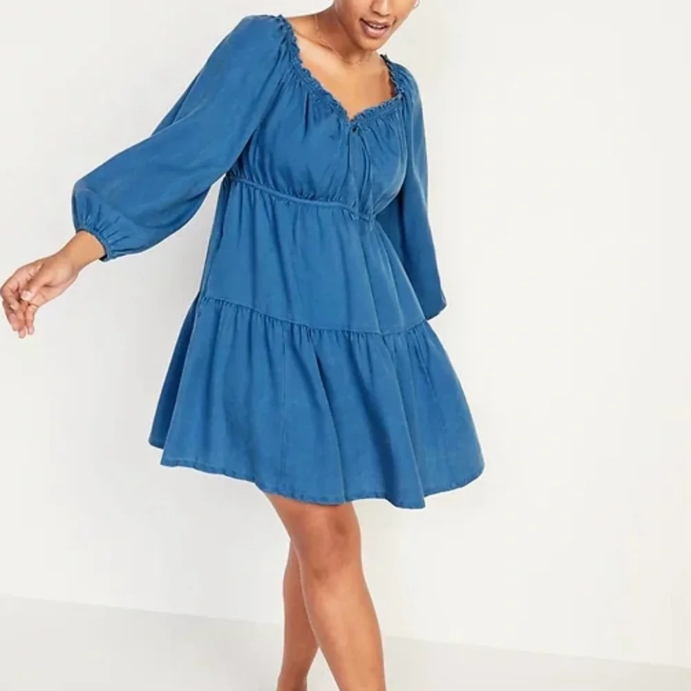 Old Navy XL petite ruffled tie neck tiered chambray tencel swing boho dress - Picture 7 of 8